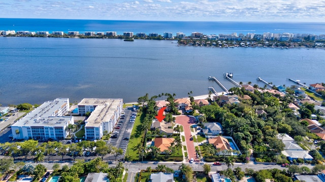 bird's eye view with a water view