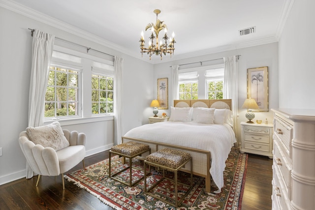 living area with ornamental molding and dark wood-type flooring