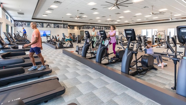 workout area with a raised ceiling and light colored carpet