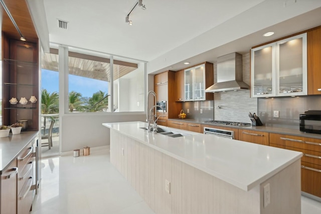 kitchen with sink, wall chimney range hood, backsplash, a kitchen island with sink, and appliances with stainless steel finishes