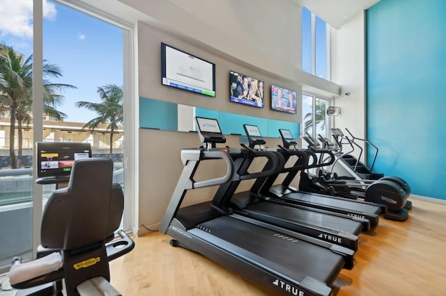 exercise room featuring light wood-type flooring