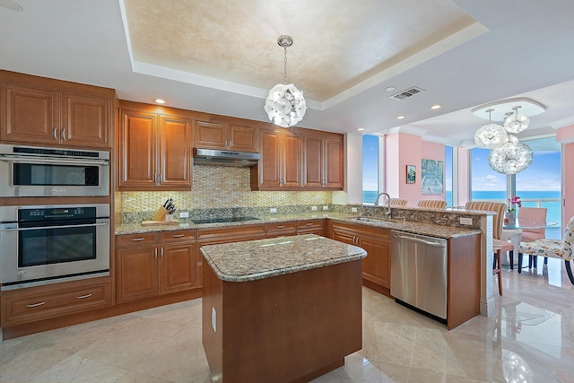 kitchen with a tray ceiling, brown cabinets, stainless steel appliances, a sink, and under cabinet range hood