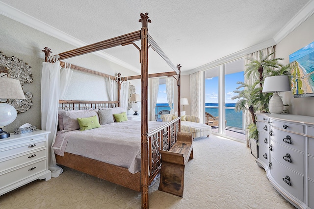 bedroom with access to exterior, a textured ceiling, crown molding, and light colored carpet