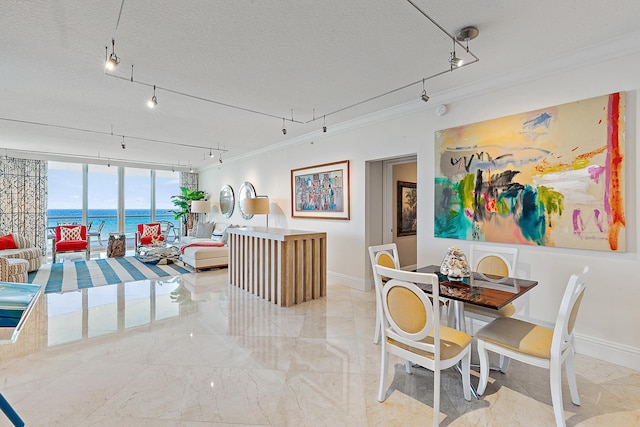 interior space with a textured ceiling, ornamental molding, and baseboards