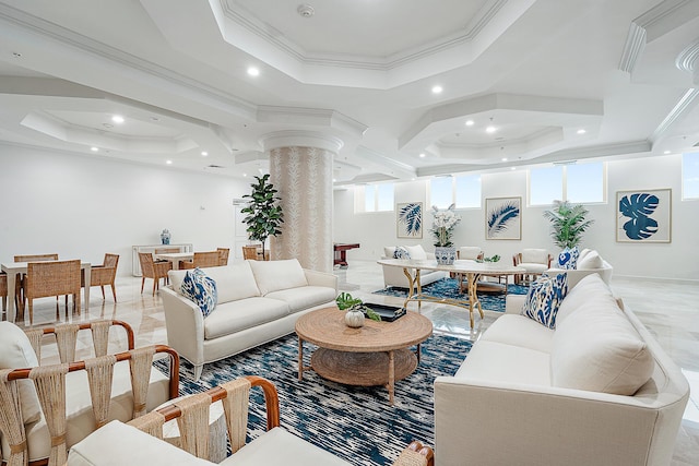 living area featuring a tray ceiling, crown molding, ornate columns, and recessed lighting