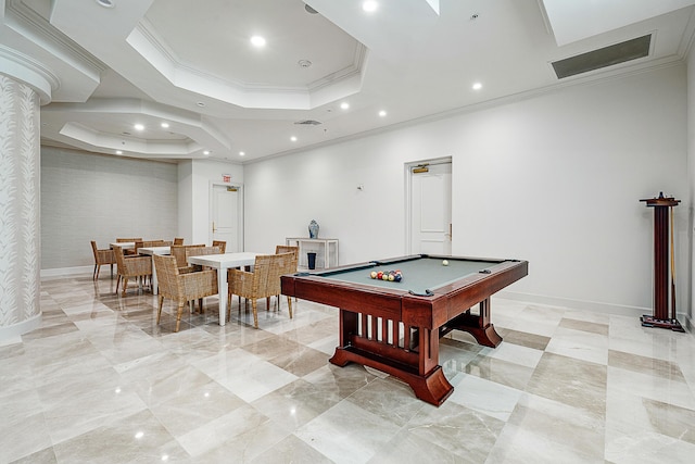 playroom with ornamental molding, a tray ceiling, baseboards, and recessed lighting