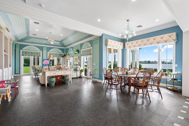 dining area featuring a wealth of natural light, crown molding, and ceiling fan with notable chandelier