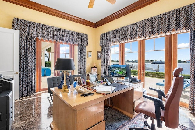 office area with ceiling fan, a healthy amount of sunlight, and crown molding