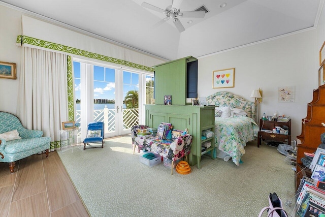 bedroom featuring french doors, access to outside, and ceiling fan