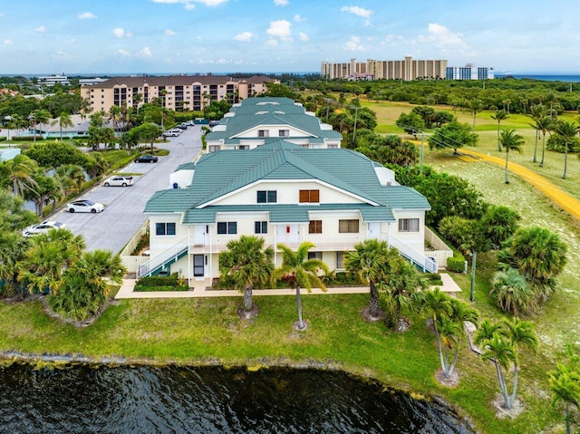 aerial view featuring a water view