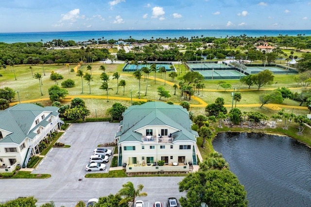 drone / aerial view featuring a water view