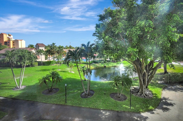 view of community featuring a yard and a water view