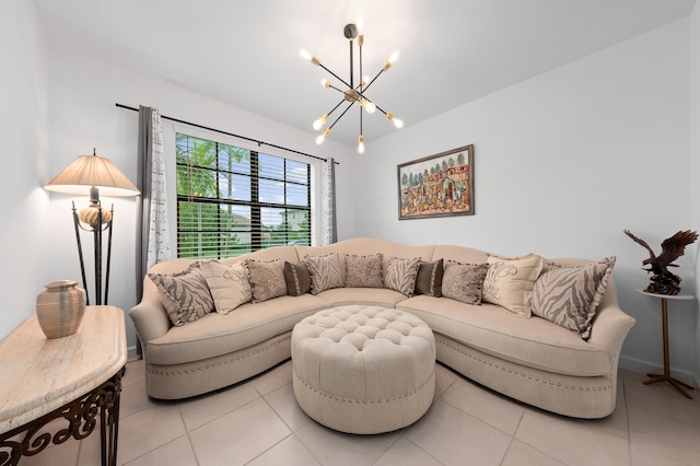 living room featuring light tile patterned floors and an inviting chandelier