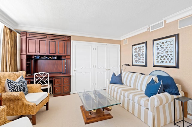 living room featuring crown molding and a textured ceiling