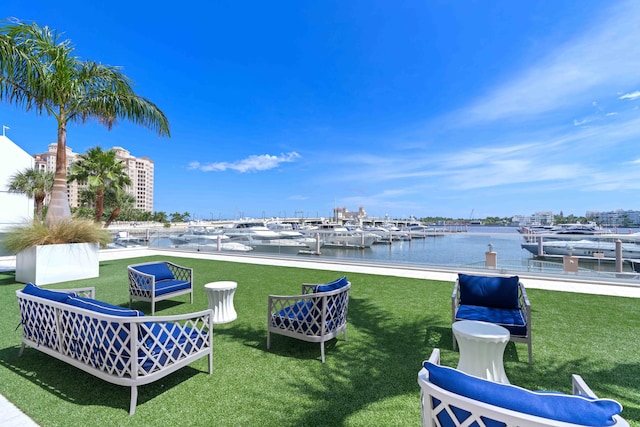 exterior space with a water view and a boat dock