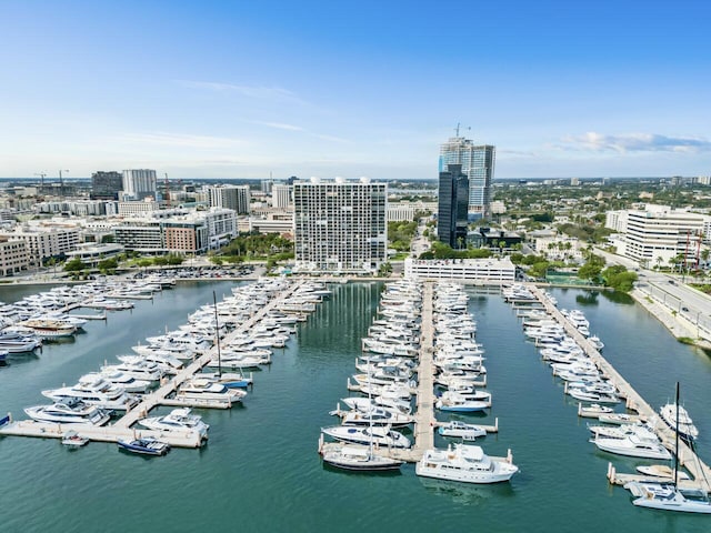 drone / aerial view featuring a city view and a water view