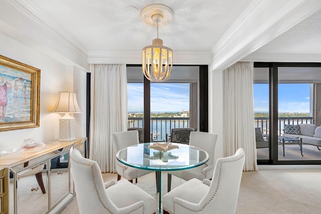 carpeted dining space with a water view, crown molding, and a healthy amount of sunlight