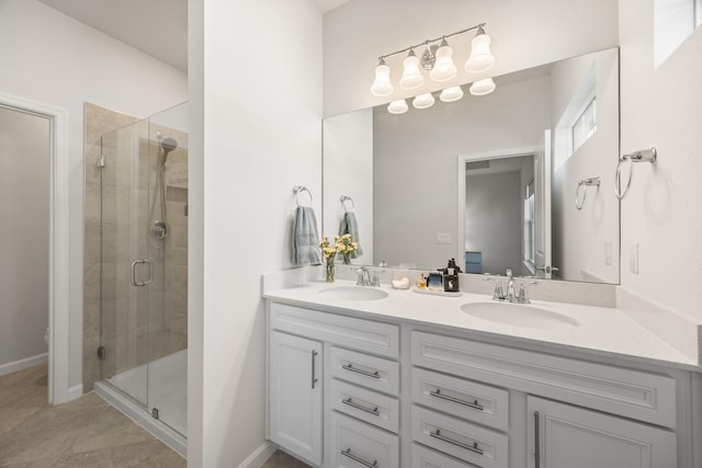 bathroom featuring tile patterned floors, vanity, and a shower with shower door