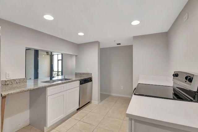 kitchen with dishwasher, sink, kitchen peninsula, white range with electric cooktop, and white cabinets