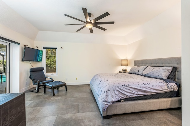 bedroom featuring ceiling fan and access to exterior