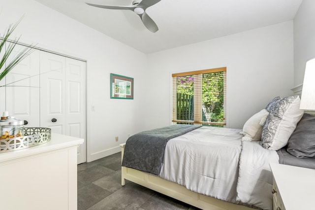 bedroom with ceiling fan and a closet