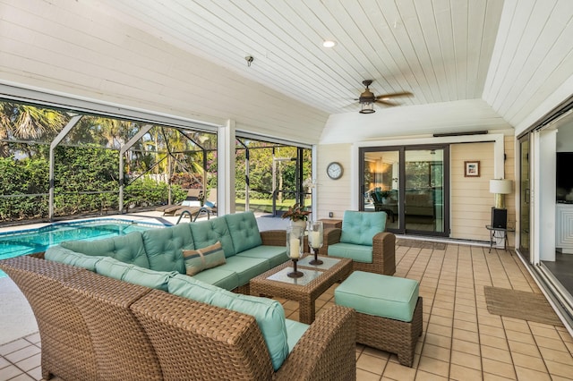 exterior space featuring wooden ceiling, ceiling fan, lofted ceiling, and a swimming pool