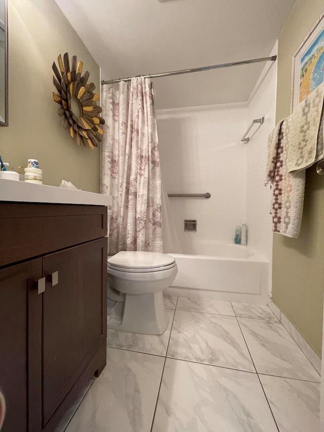 full bathroom featuring vanity, shower / bathtub combination with curtain, and toilet