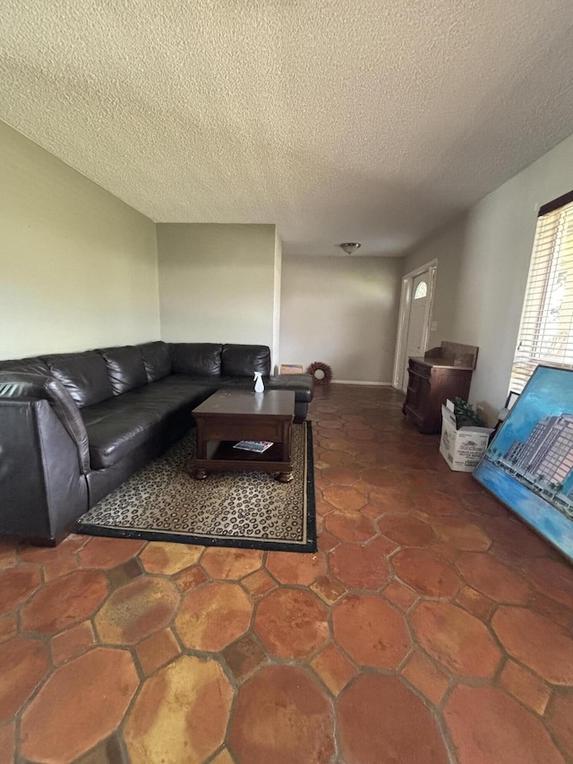 living room with a textured ceiling