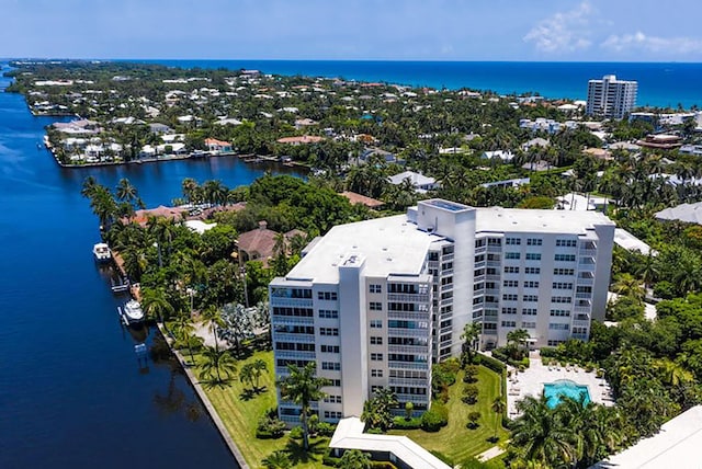 aerial view featuring a water view