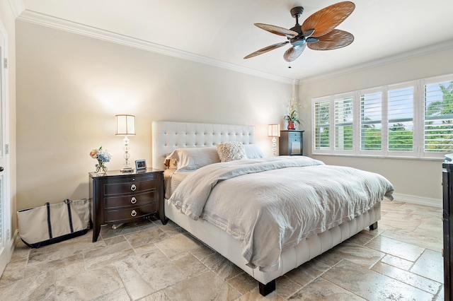 bedroom featuring ceiling fan and ornamental molding