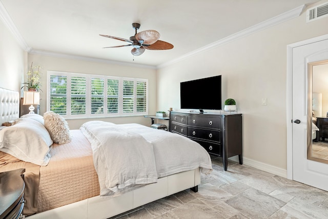 bedroom featuring ceiling fan and crown molding