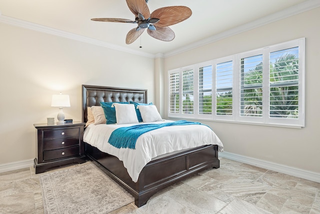 bedroom featuring ceiling fan and crown molding