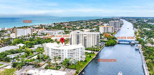 drone / aerial view featuring a water view