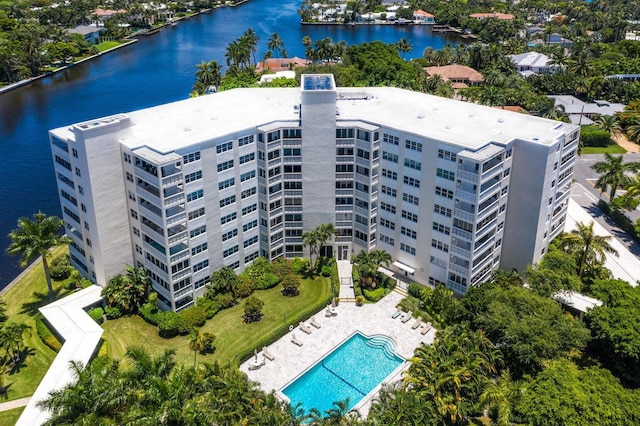 drone / aerial view with a water view