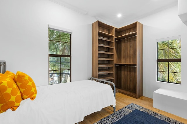 bedroom with a closet, light wood-type flooring, crown molding, and multiple windows