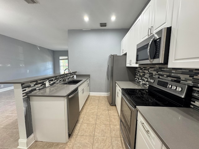 kitchen featuring kitchen peninsula, sink, appliances with stainless steel finishes, tasteful backsplash, and white cabinetry