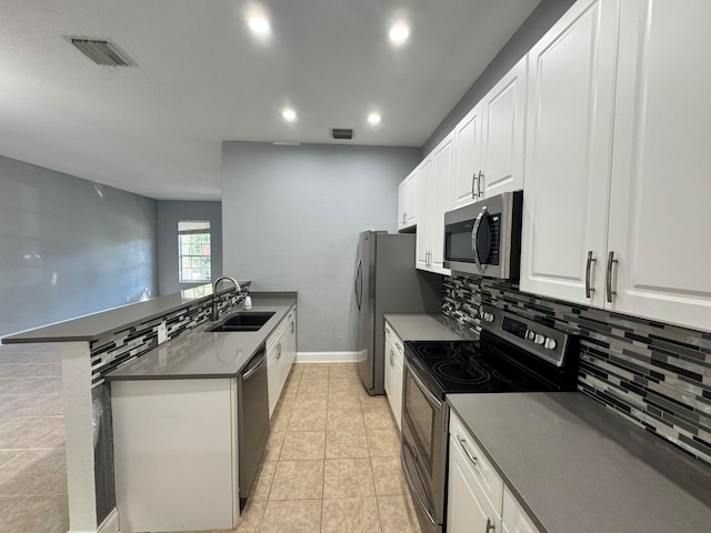 kitchen with kitchen peninsula, appliances with stainless steel finishes, decorative backsplash, sink, and white cabinetry