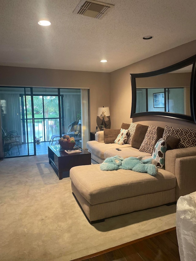 living room with hardwood / wood-style floors and a textured ceiling