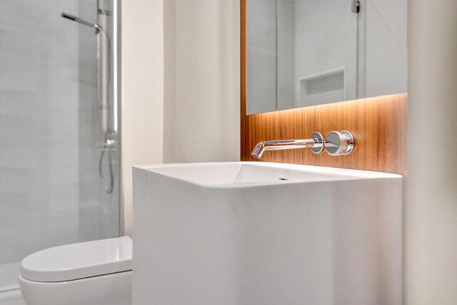 bathroom featuring vanity, a shower stall, and toilet