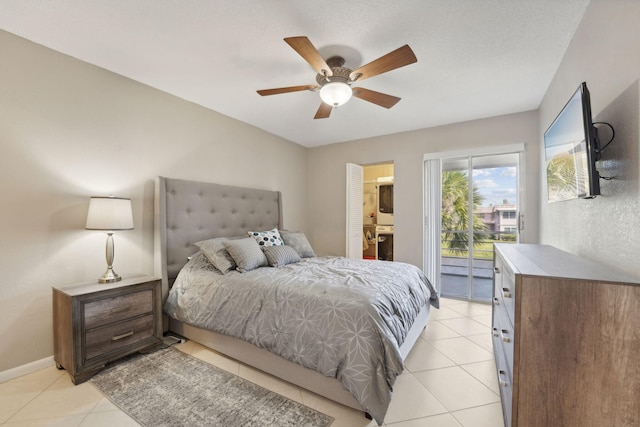 tiled bedroom featuring access to outside and ceiling fan