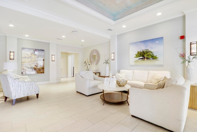 living room with crown molding and light tile patterned flooring