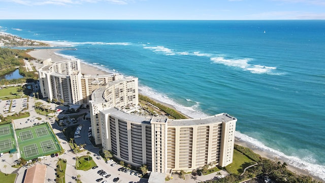 aerial view featuring a water view and a view of the beach