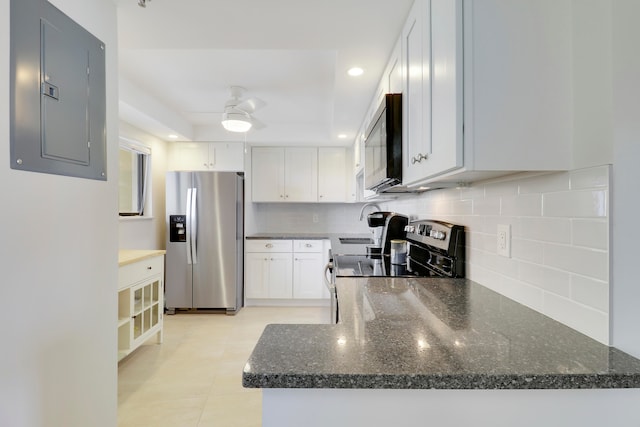 kitchen featuring ceiling fan, electric panel, decorative backsplash, white cabinets, and appliances with stainless steel finishes