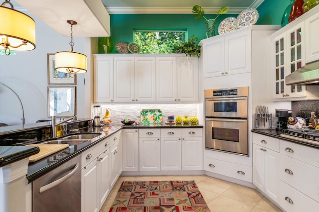 kitchen featuring white cabinets, crown molding, sink, and appliances with stainless steel finishes