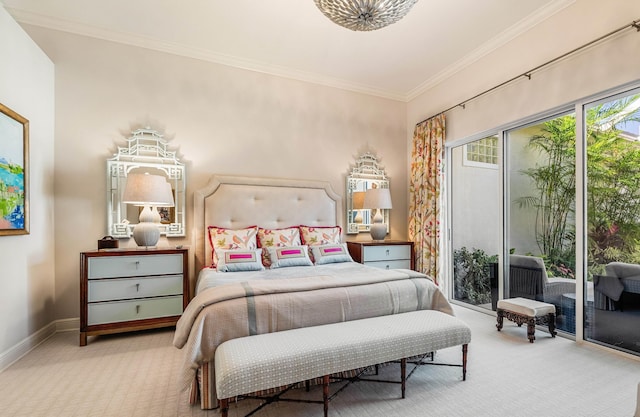 carpeted bedroom with access to exterior and ornamental molding