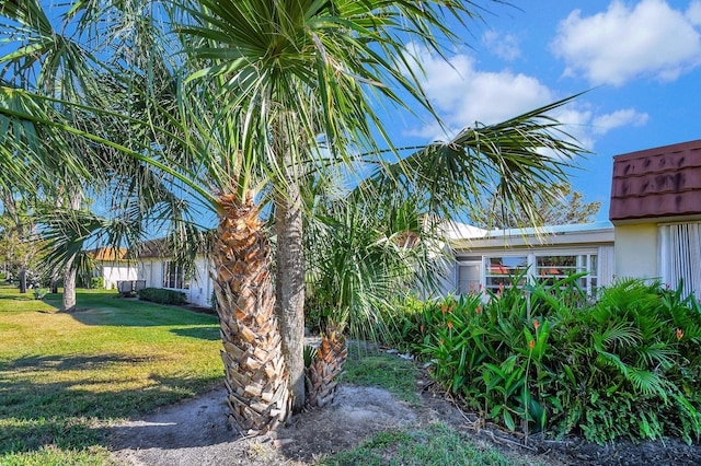 view of home's exterior with a yard and stucco siding