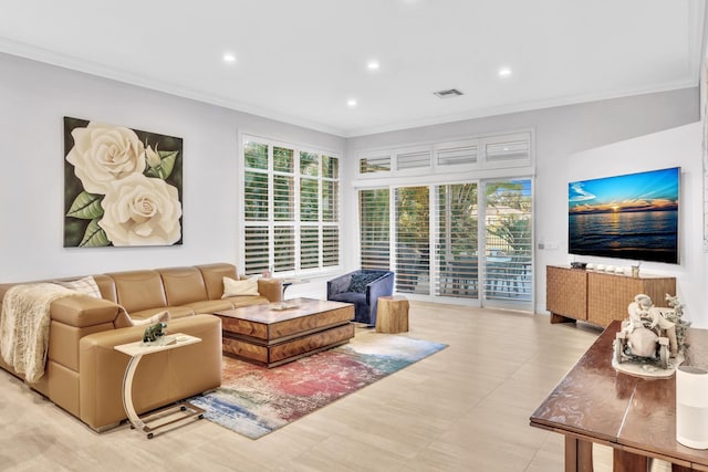 living room featuring crown molding