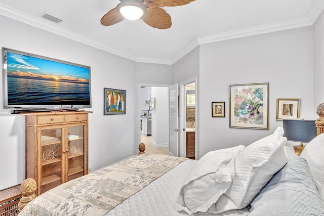 bedroom featuring ceiling fan, ornamental molding, and connected bathroom