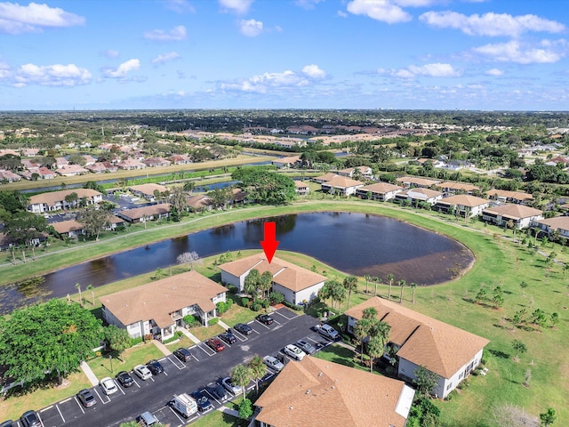 drone / aerial view featuring a water view