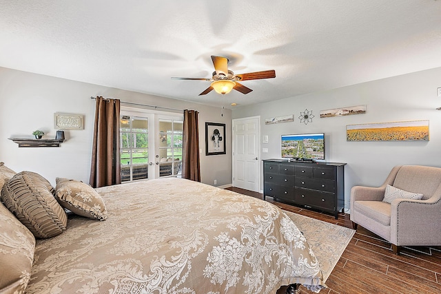 bedroom with a textured ceiling, ceiling fan, french doors, and access to outside